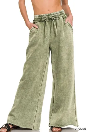 Acid Wash Fleece Palazzo Sweatpants with Pockets Plus Size