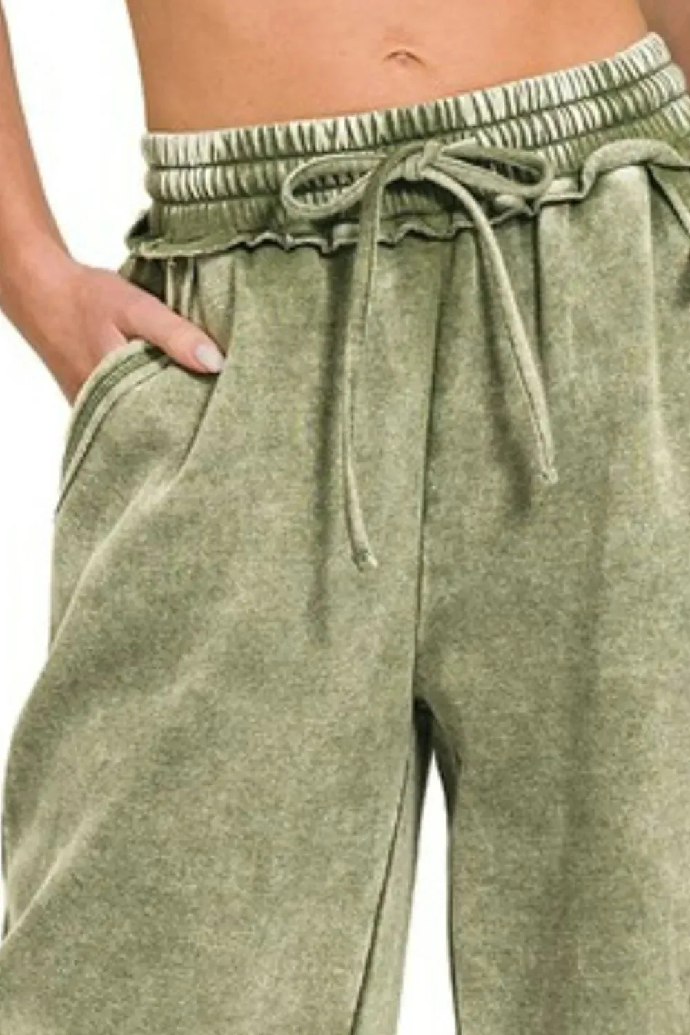 Acid Wash Fleece Palazzo Sweatpants with Pockets Plus Size