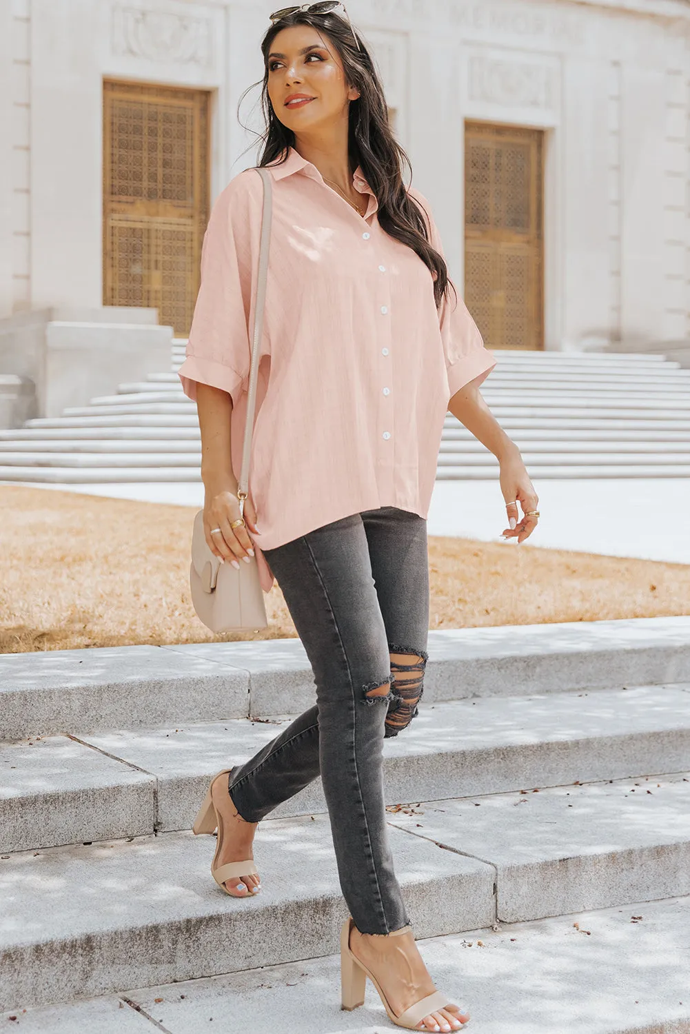 Button Front Dolman Sleeves Shirt