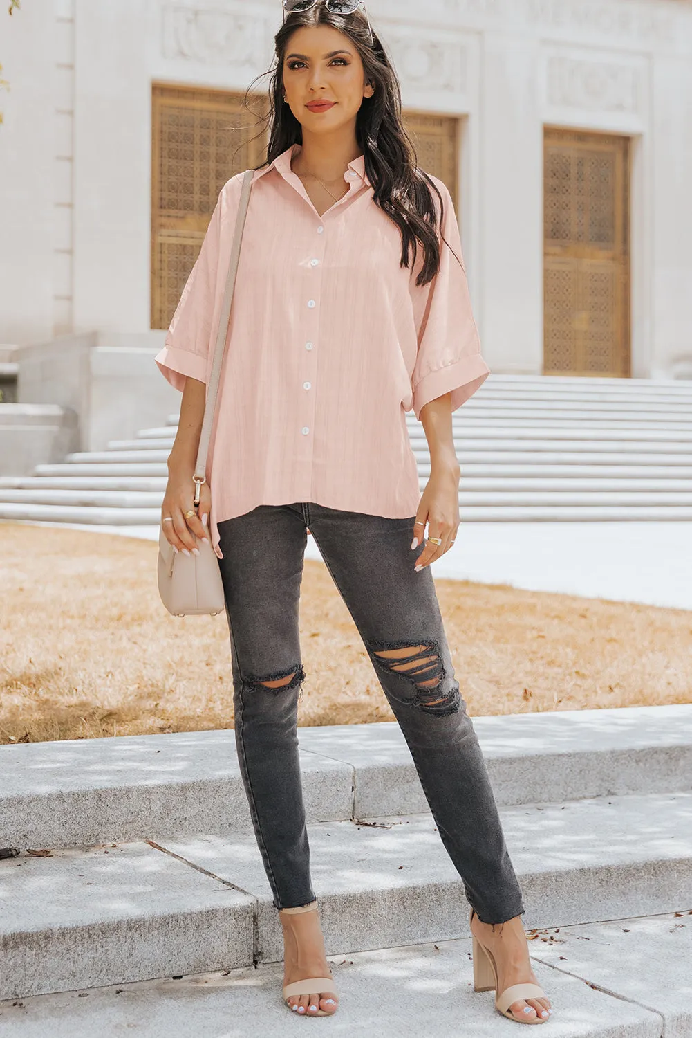 Button Front Dolman Sleeves Shirt