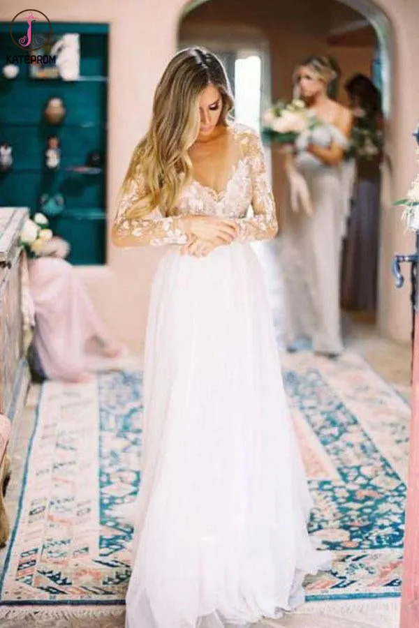 Chic A-line Long Sleeve Lace See Through Wedding Dresses Backless Country Wedding Dress KPW0573