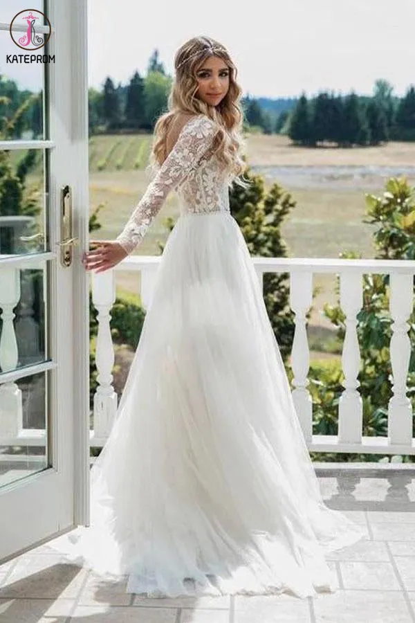 Chic A-line Long Sleeve Lace See Through Wedding Dresses Backless Country Wedding Dress KPW0573