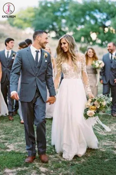 Chic A-line Long Sleeve Lace See Through Wedding Dresses Backless Country Wedding Dress KPW0573