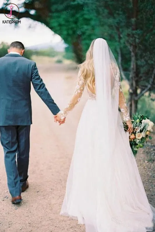 Chic A-line Long Sleeve Lace See Through Wedding Dresses Backless Country Wedding Dress KPW0573