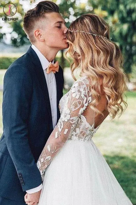 Chic A-line Long Sleeve Lace See Through Wedding Dresses Backless Country Wedding Dress KPW0573