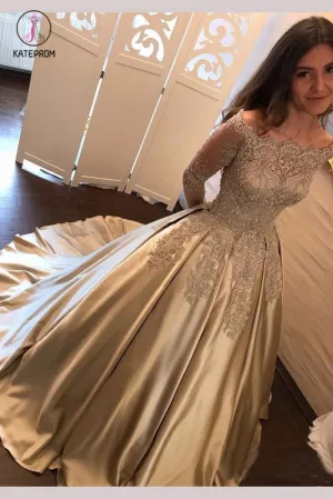 Chic Gold Off Shoulder Long Sleeve Ball Gown Appliques Satin Prom Dress KPP0642