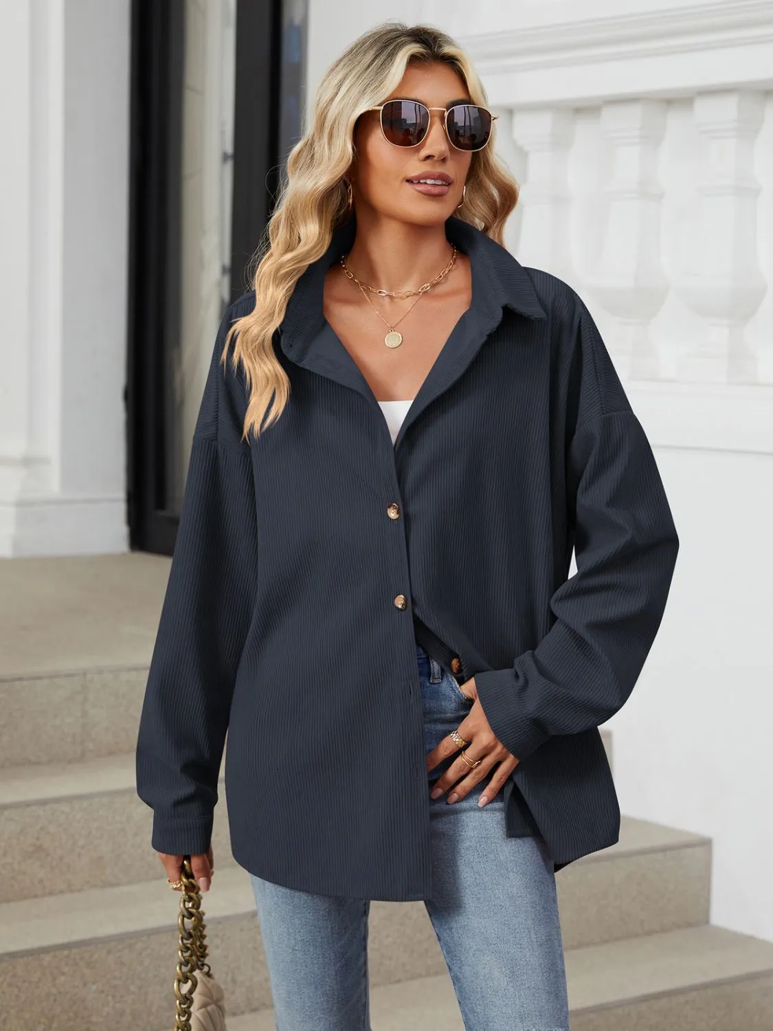 Collared Neck Long Sleeve Dropped Shoulder Shirt