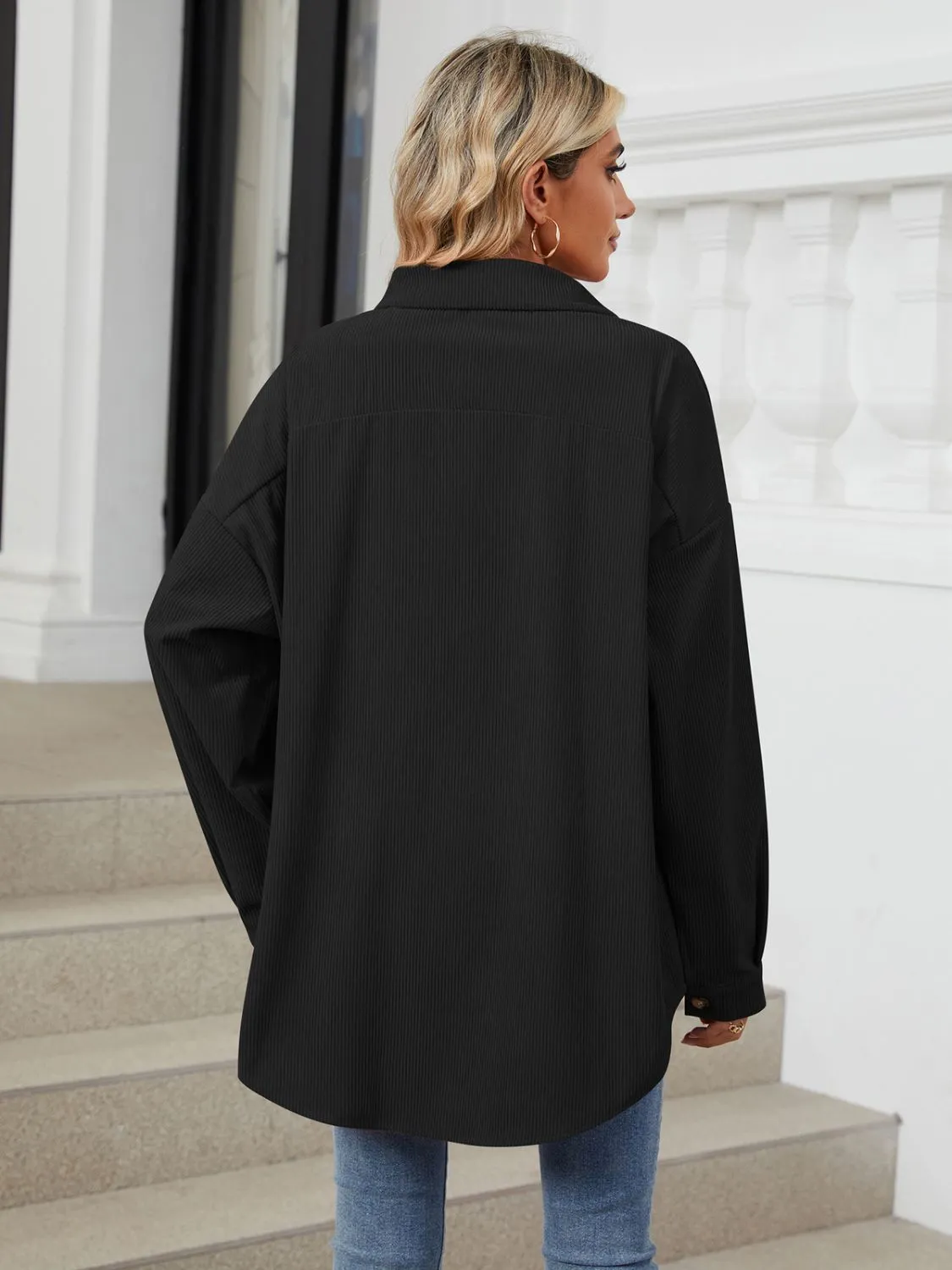 Collared Neck Long Sleeve Dropped Shoulder Shirt