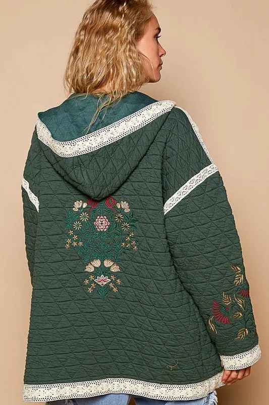Cottage Embroidered Open Front Quilted Jacket with Crochet Pockets
