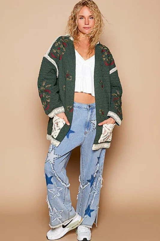 Cottage Embroidered Open Front Quilted Jacket with Crochet Pockets