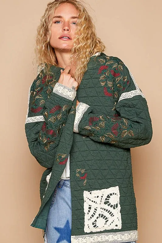 Cottage Embroidered Open Front Quilted Jacket with Crochet Pockets