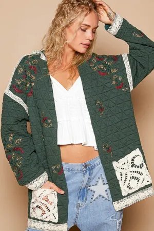 Cottage Embroidered Open Front Quilted Jacket with Crochet Pockets