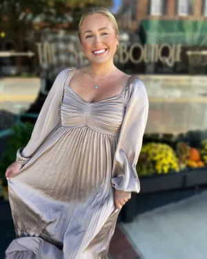 Empire Waist Pleated Midi Dress in Light Mocha