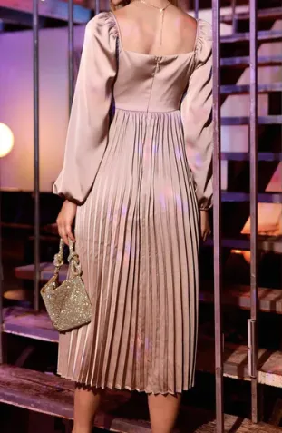 Empire Waist Pleated Midi Dress in Light Mocha