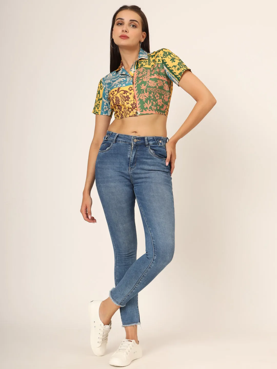 Graphic Printed Shirt Style Crop Top