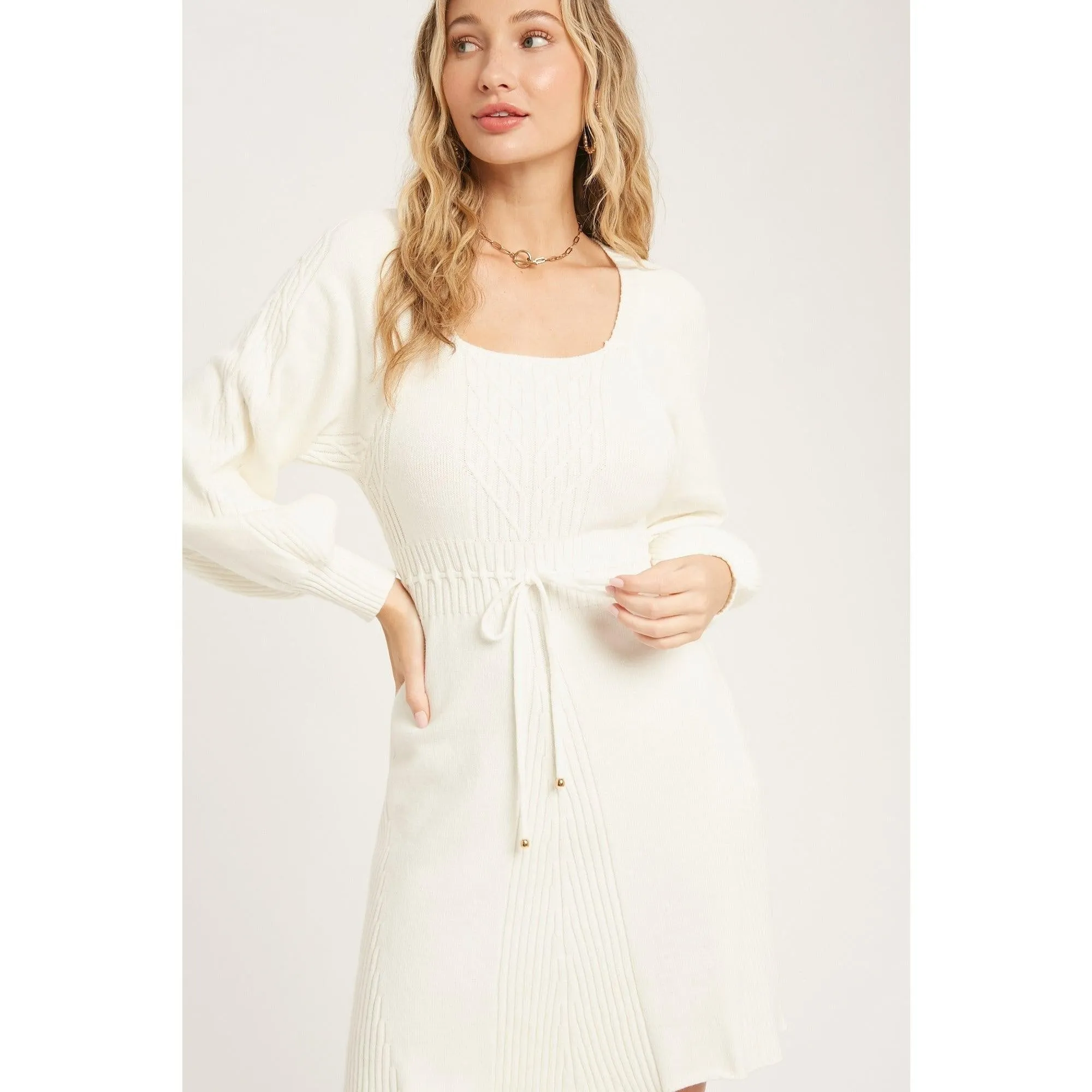 Ivory Square Neck Cable Sweater Dress
