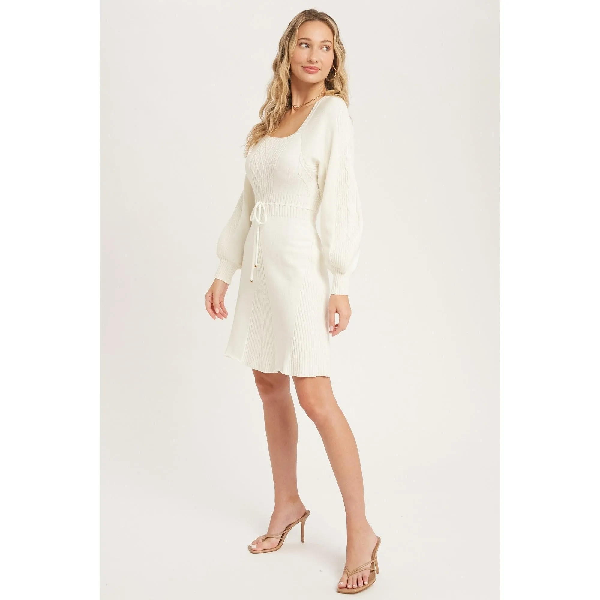 Ivory Square Neck Cable Sweater Dress