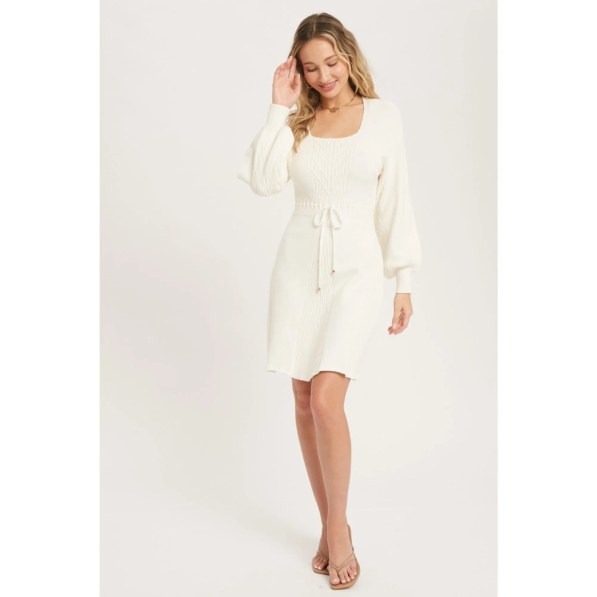 Ivory Square Neck Cable Sweater Dress