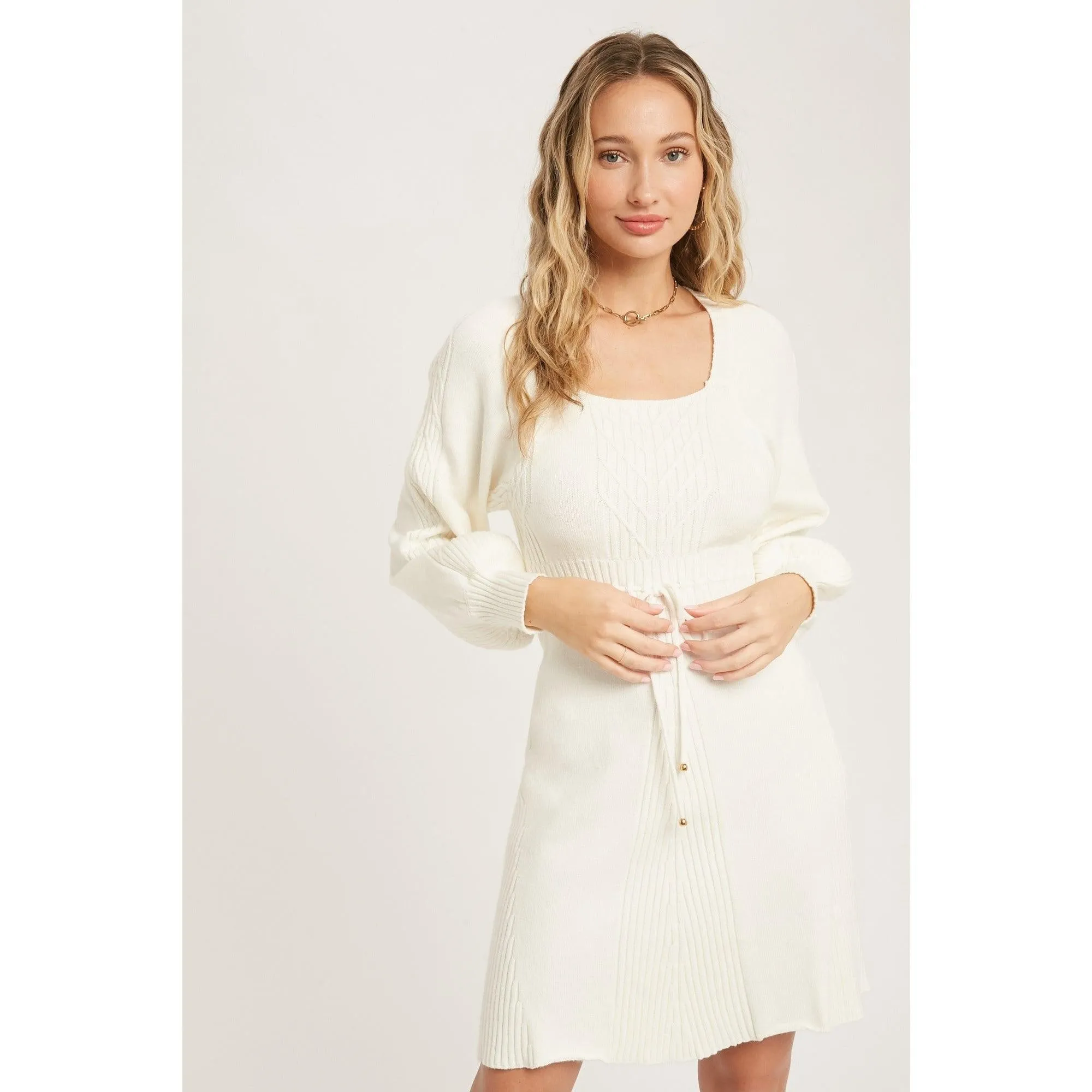 Ivory Square Neck Cable Sweater Dress