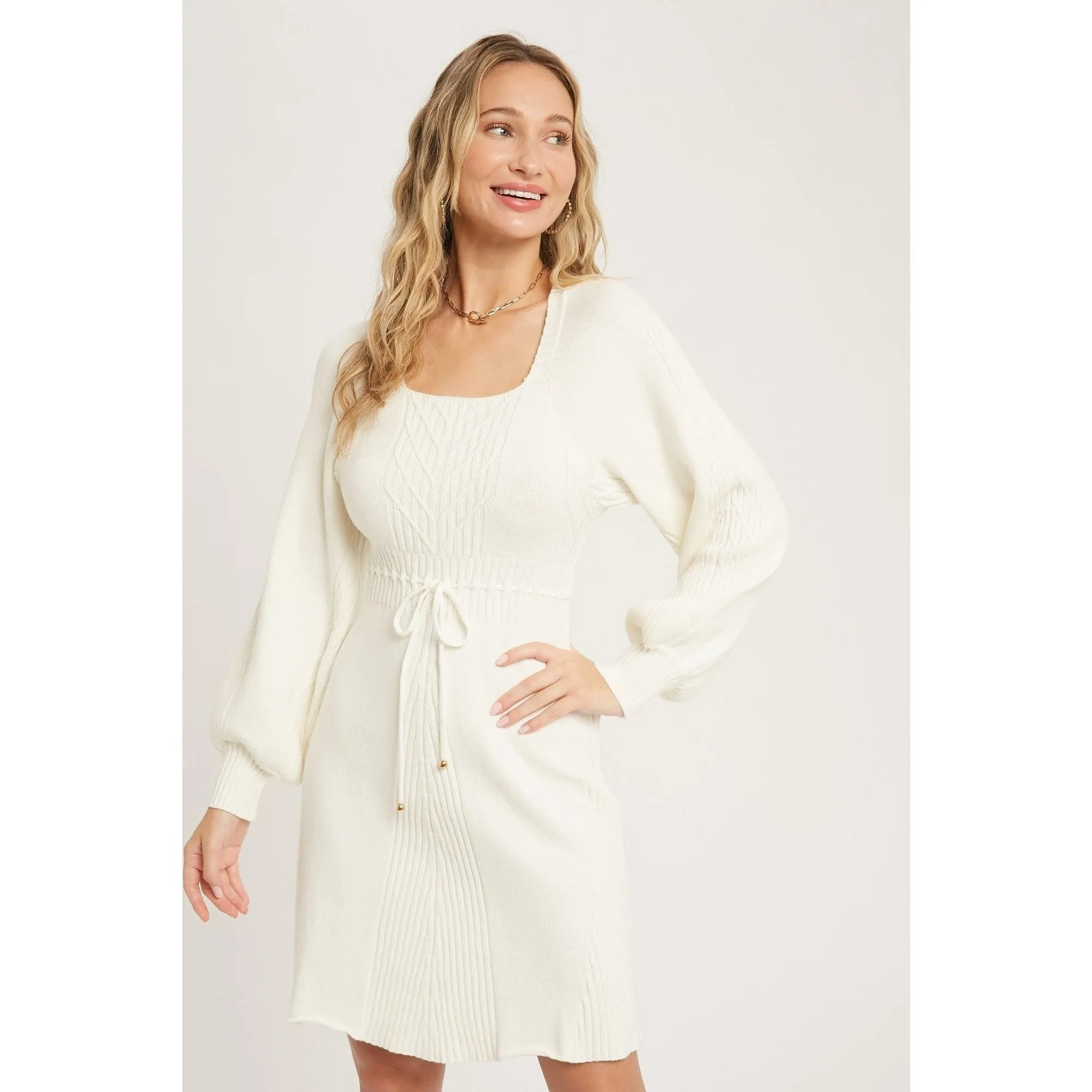 Ivory Square Neck Cable Sweater Dress