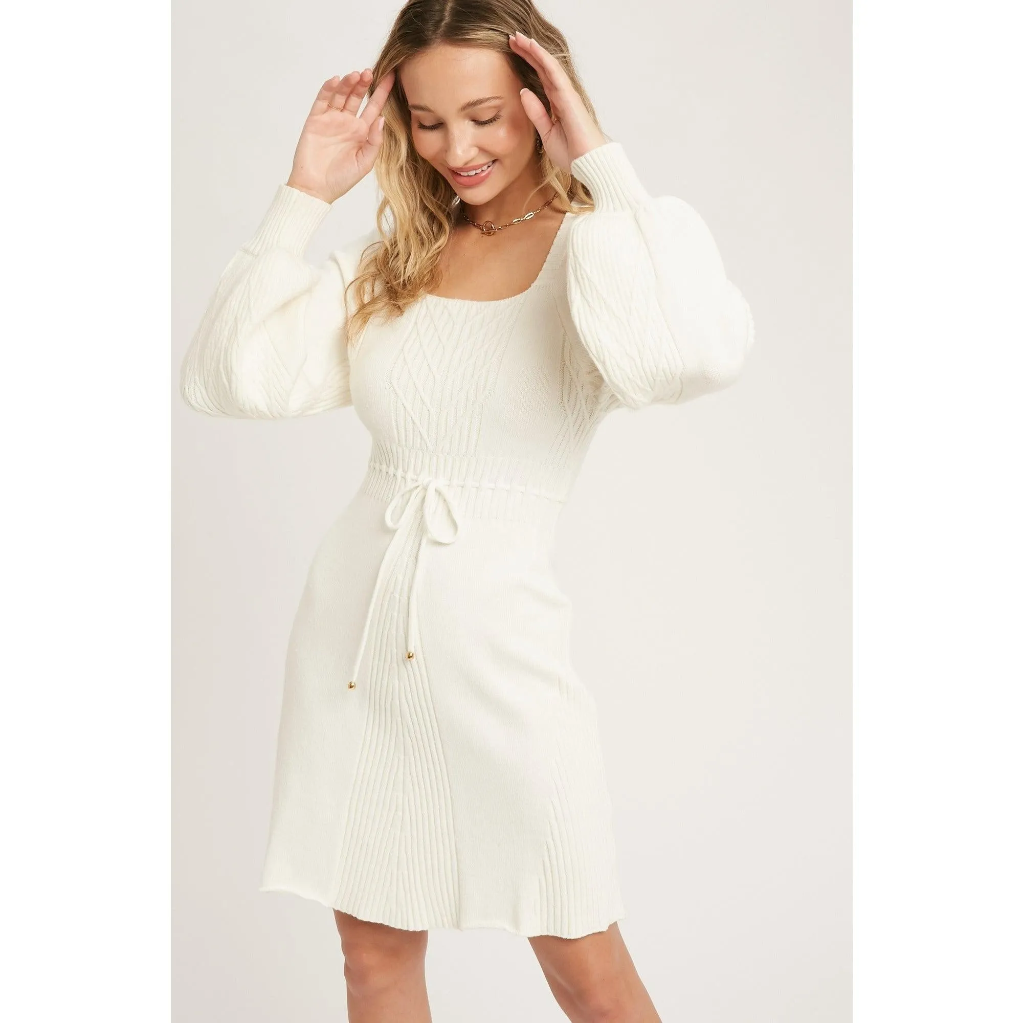 Ivory Square Neck Cable Sweater Dress