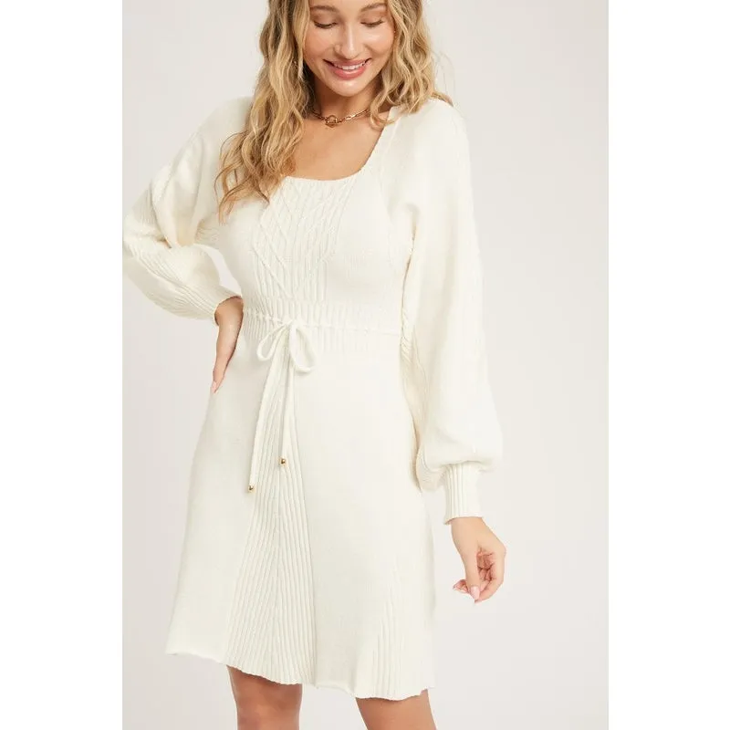 Ivory Square Neck Cable Sweater Dress