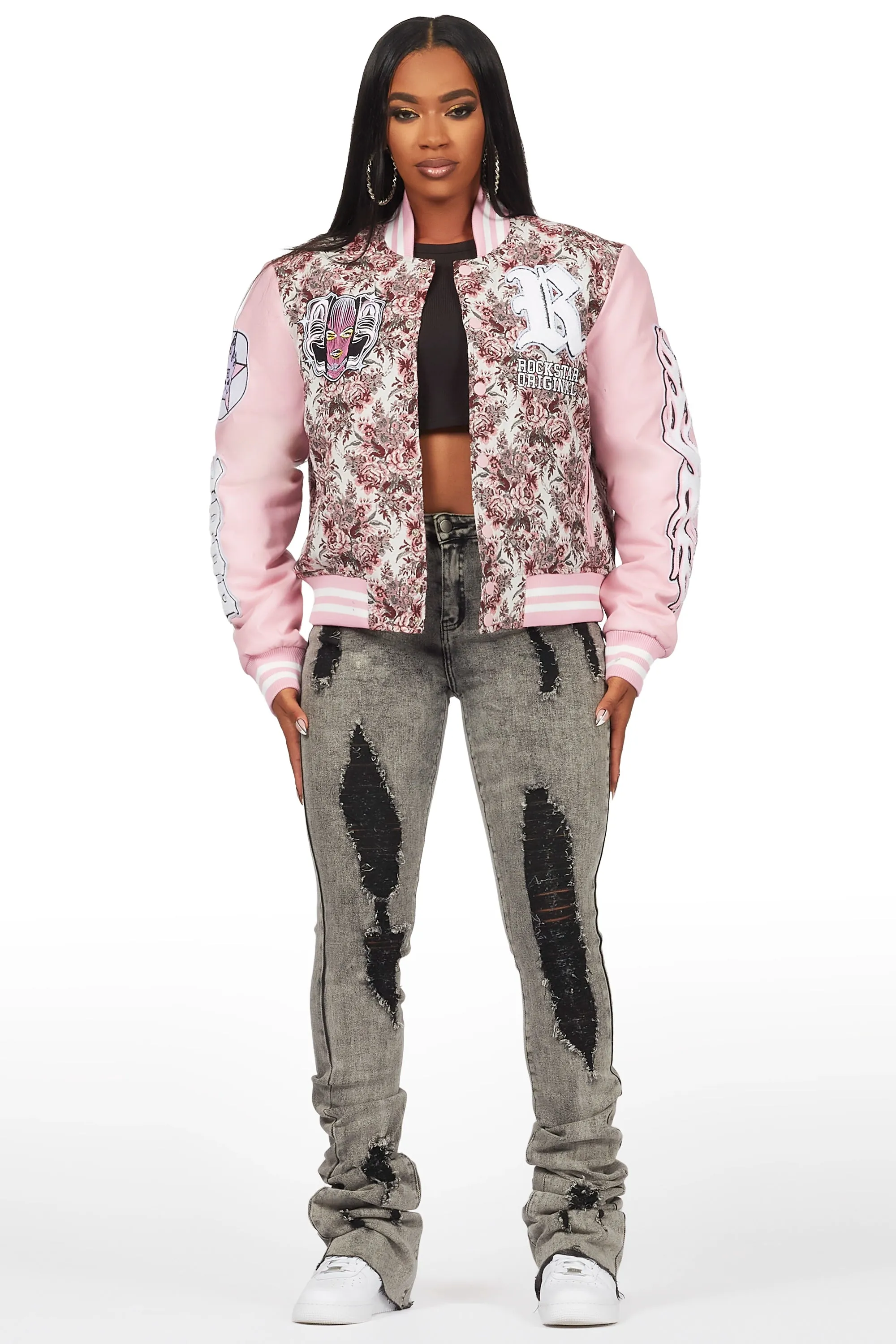 Lakiela Pink Oversized Tapestry Varsity Jacket