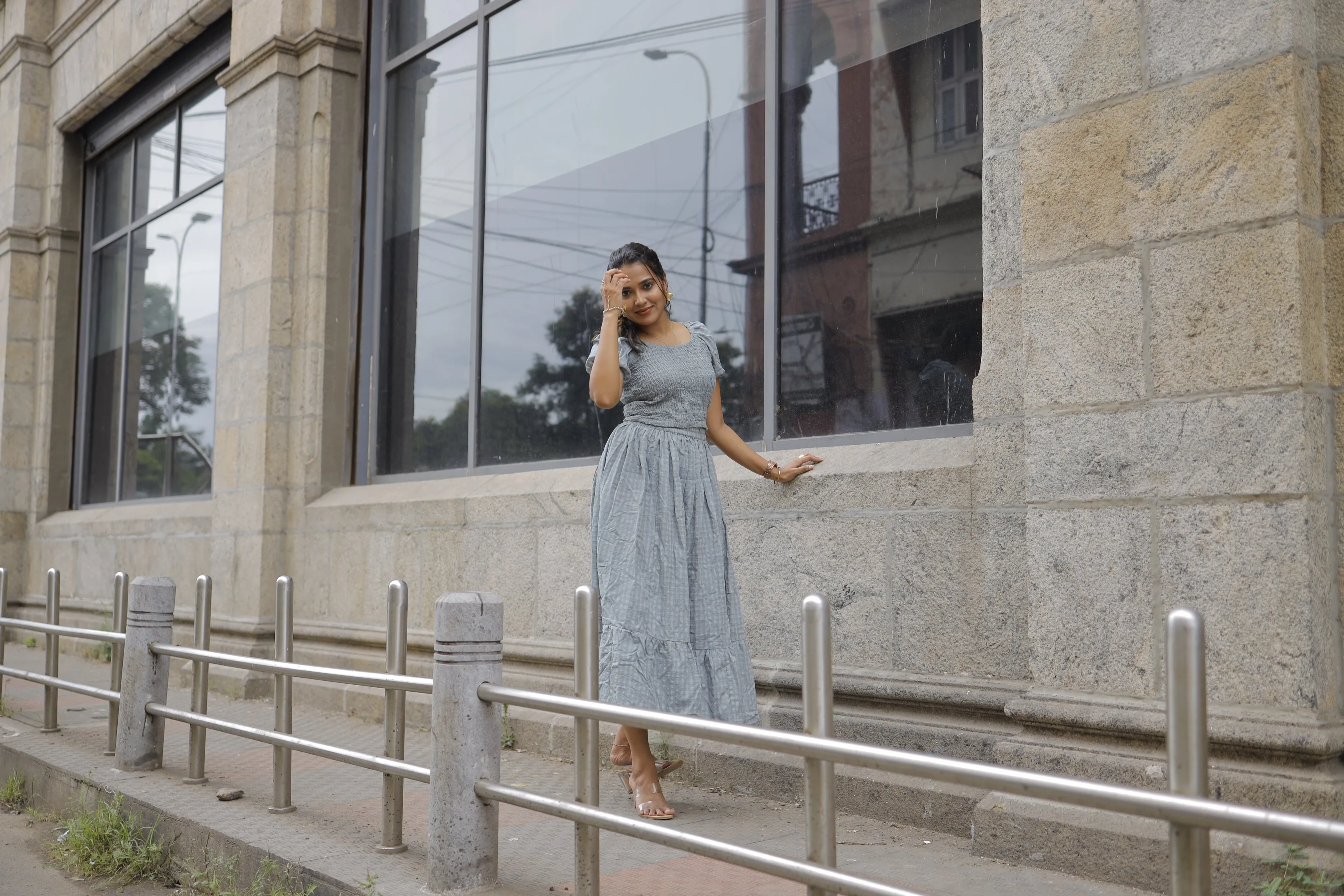 Natasha ( grey )  - checked handloom cotton skirt set in grey