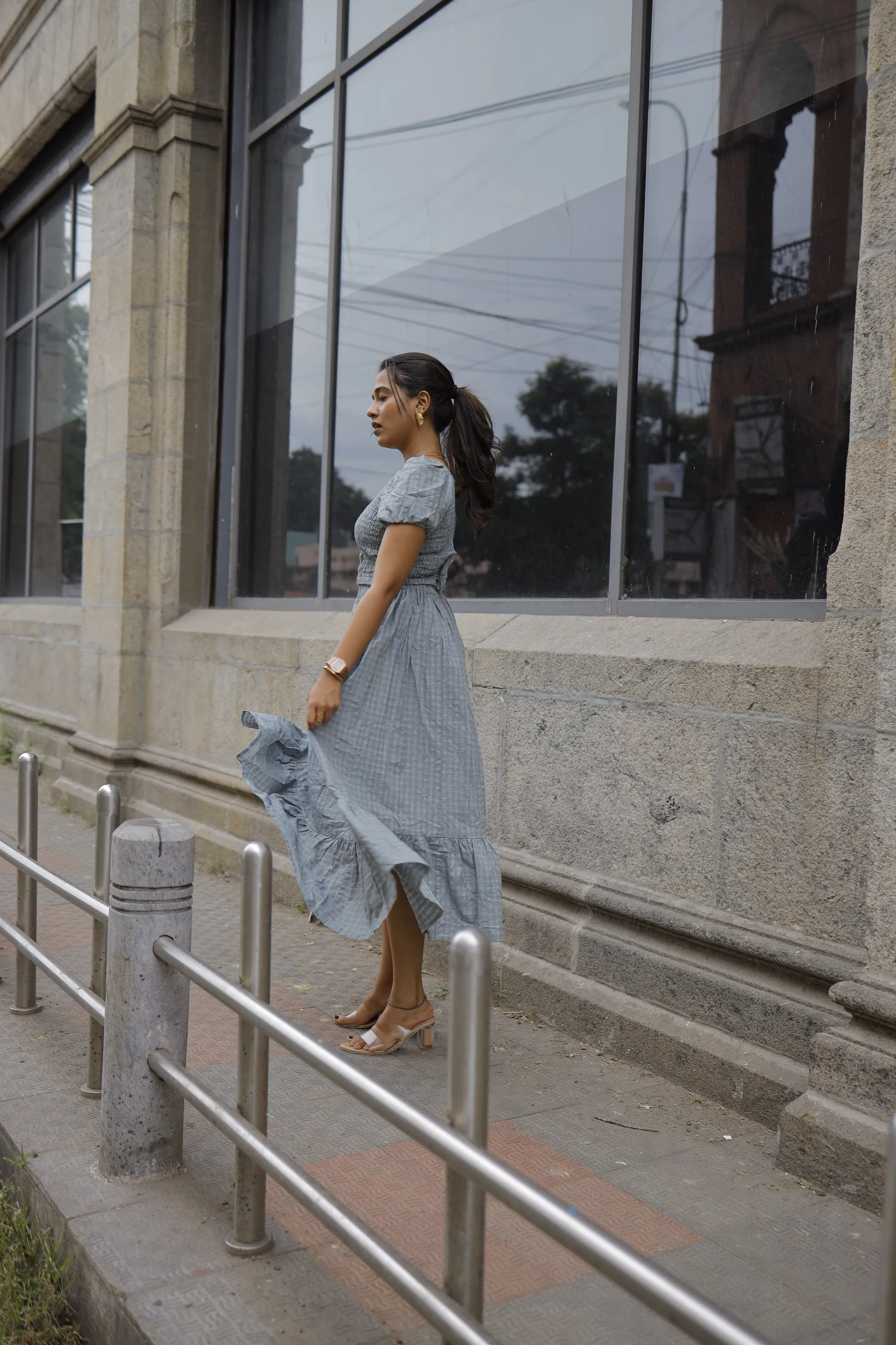 Natasha ( grey )  - checked handloom cotton skirt set in grey