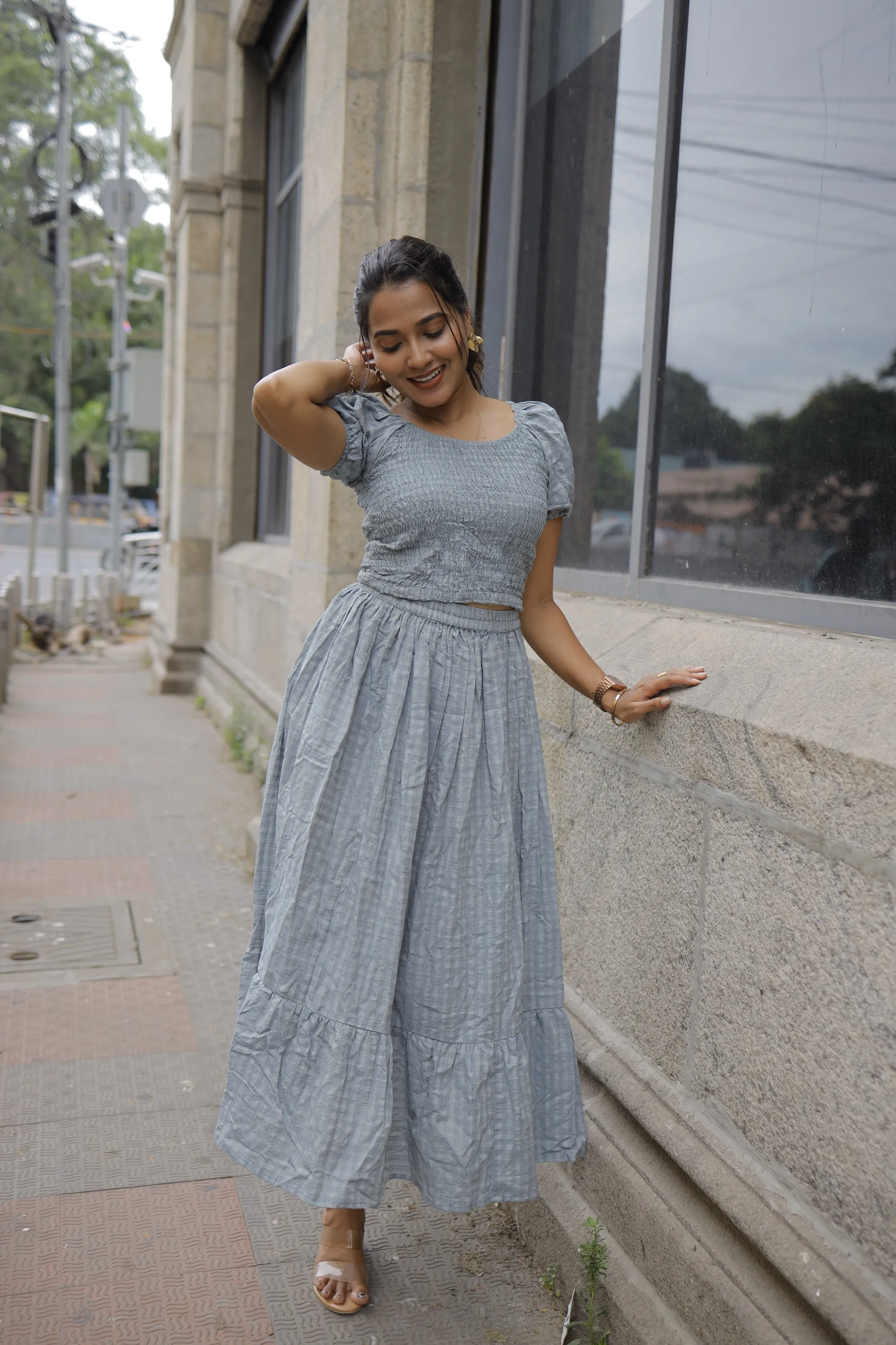 Natasha ( grey )  - checked handloom cotton skirt set in grey