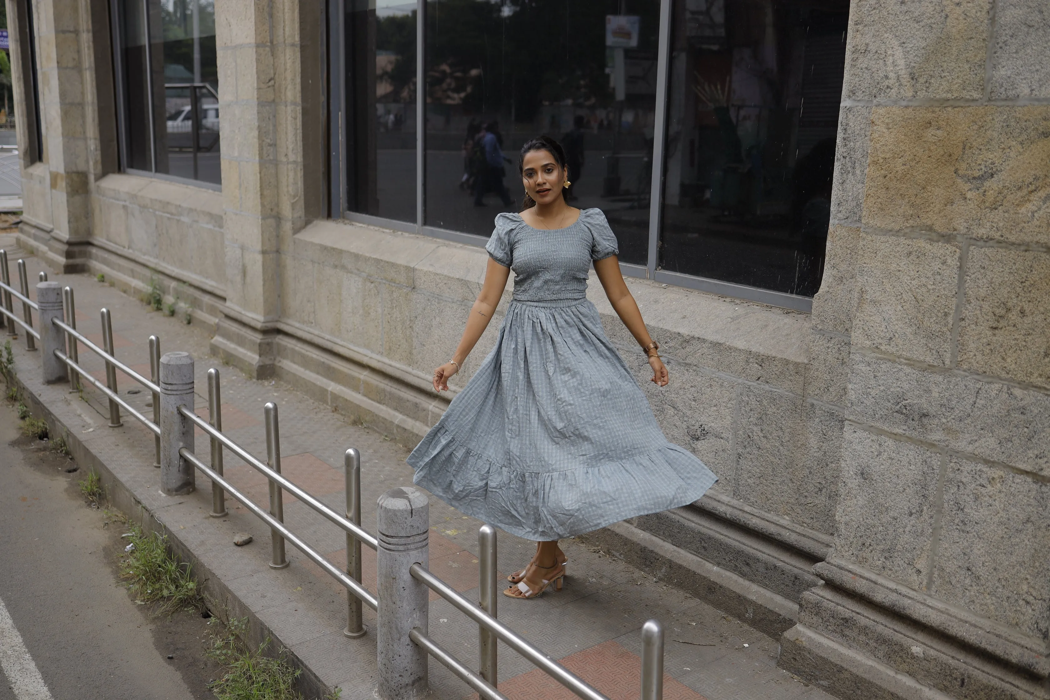 Natasha ( grey )  - checked handloom cotton skirt set in grey