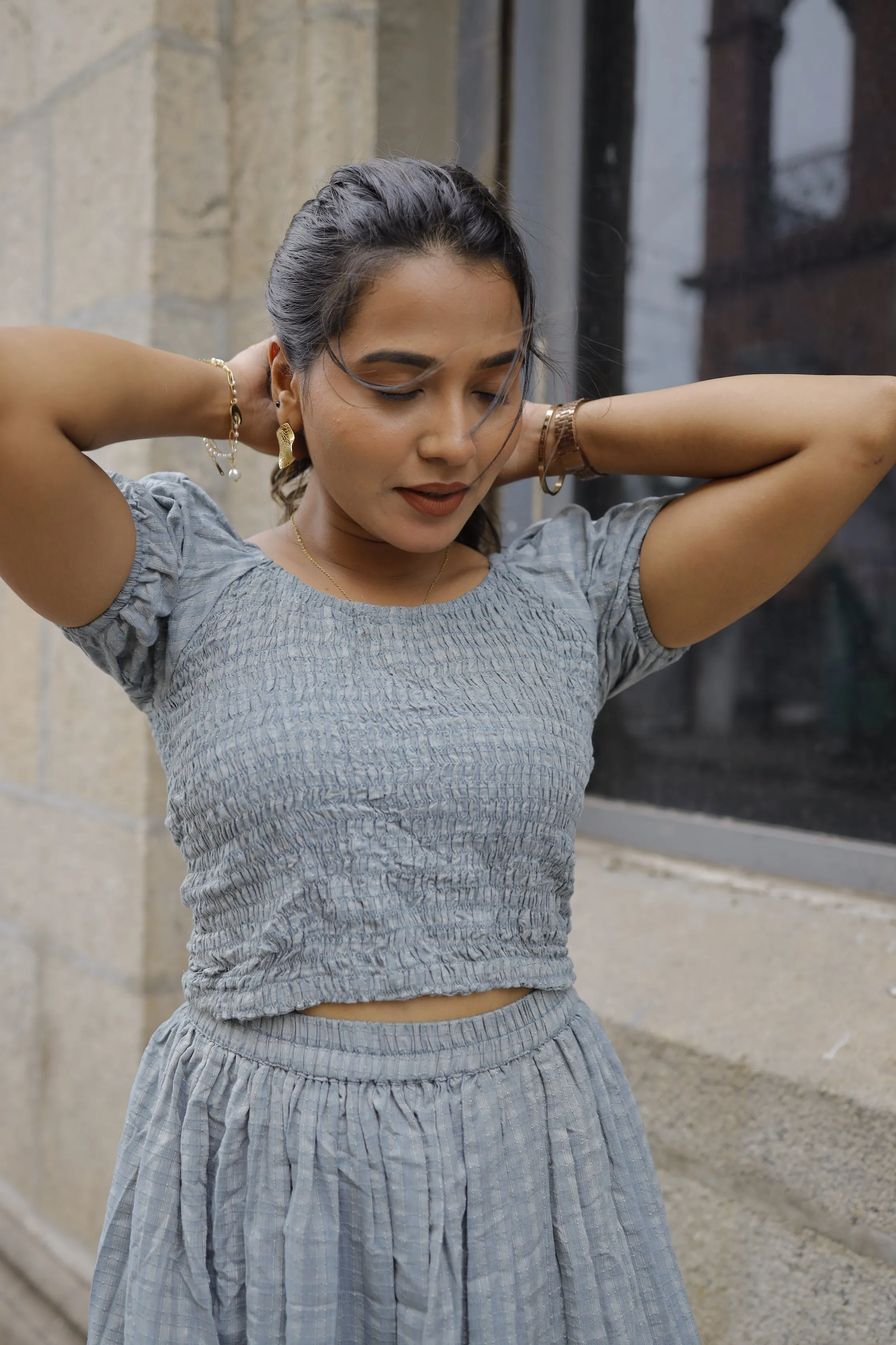 Natasha ( grey )  - checked handloom cotton skirt set in grey