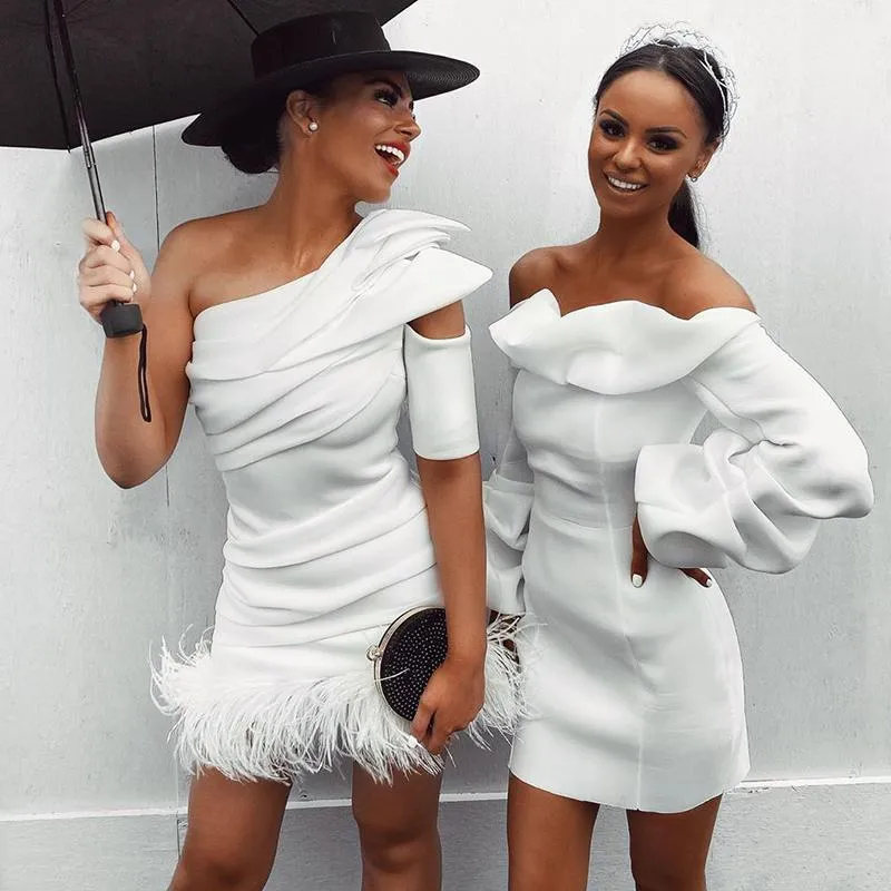 One Shoulder Feather Hem Mini Dress