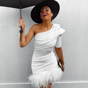 One Shoulder Feather Hem Mini Dress