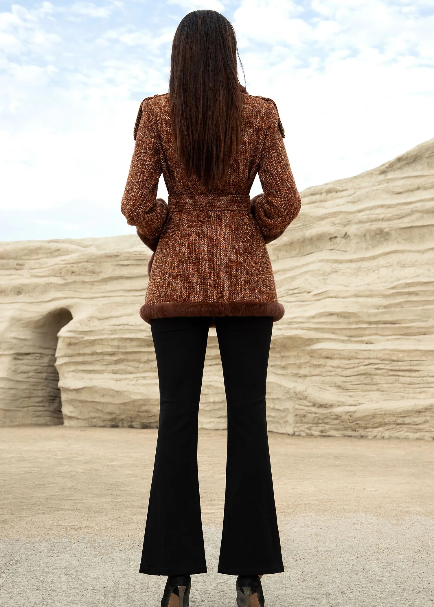 Pocket Rabbit Fur Collar Wool Blend Duck Down Coat