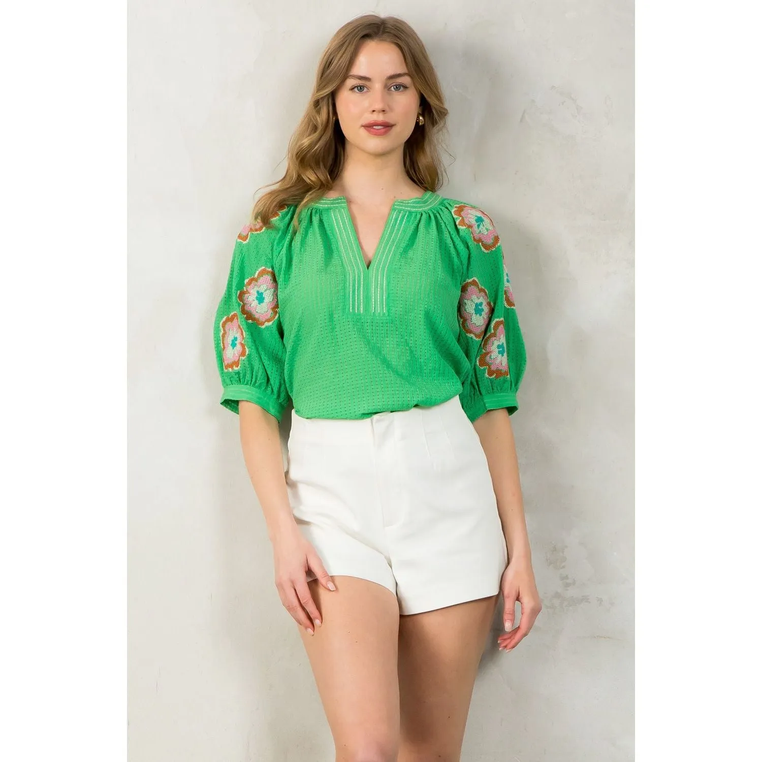 Vaughn Puff Sleeve Embroidered Detail THML Top