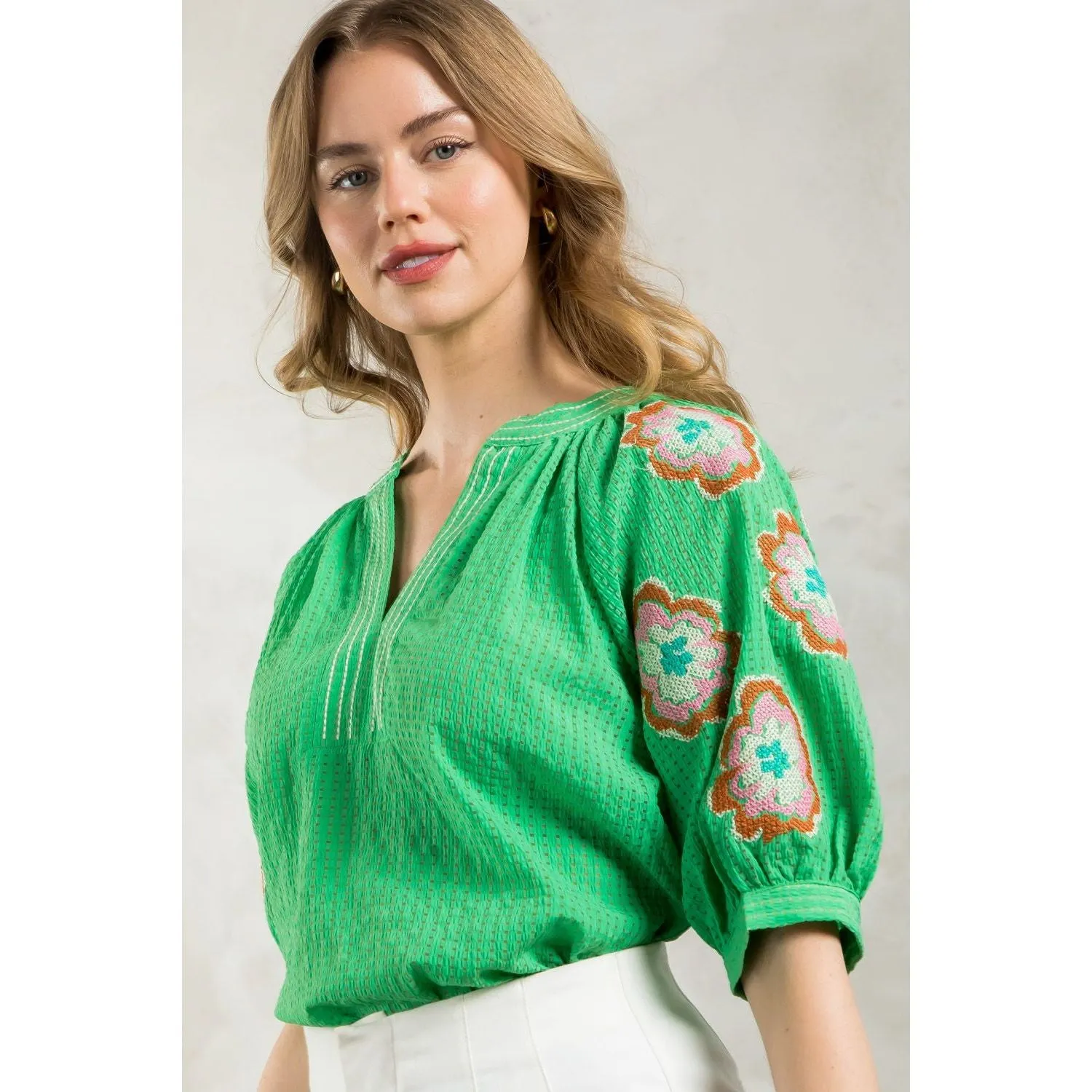 Vaughn Puff Sleeve Embroidered Detail THML Top