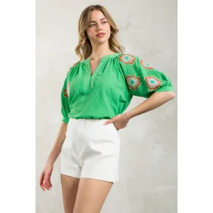 Vaughn Puff Sleeve Embroidered Detail THML Top