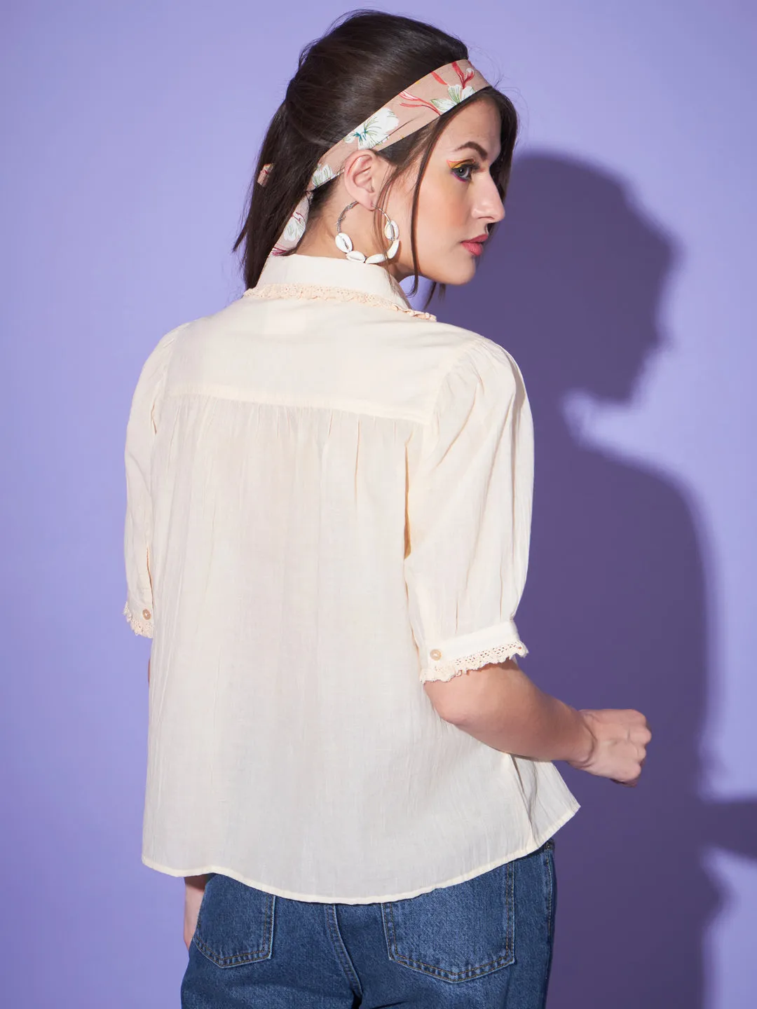 Women Puff Sleeves Cotton Shirt Style Top