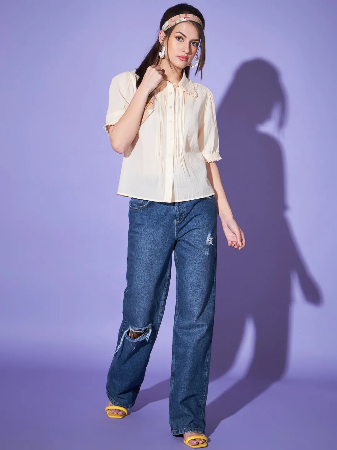 Women Puff Sleeves Cotton Shirt Style Top