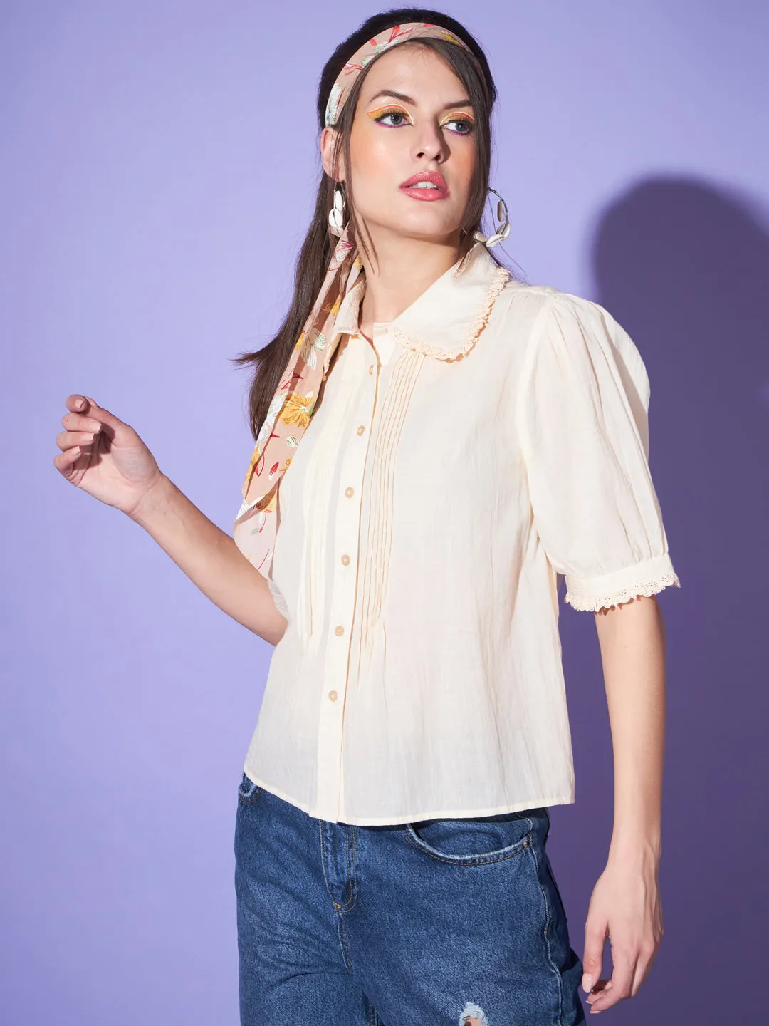Women Puff Sleeves Cotton Shirt Style Top