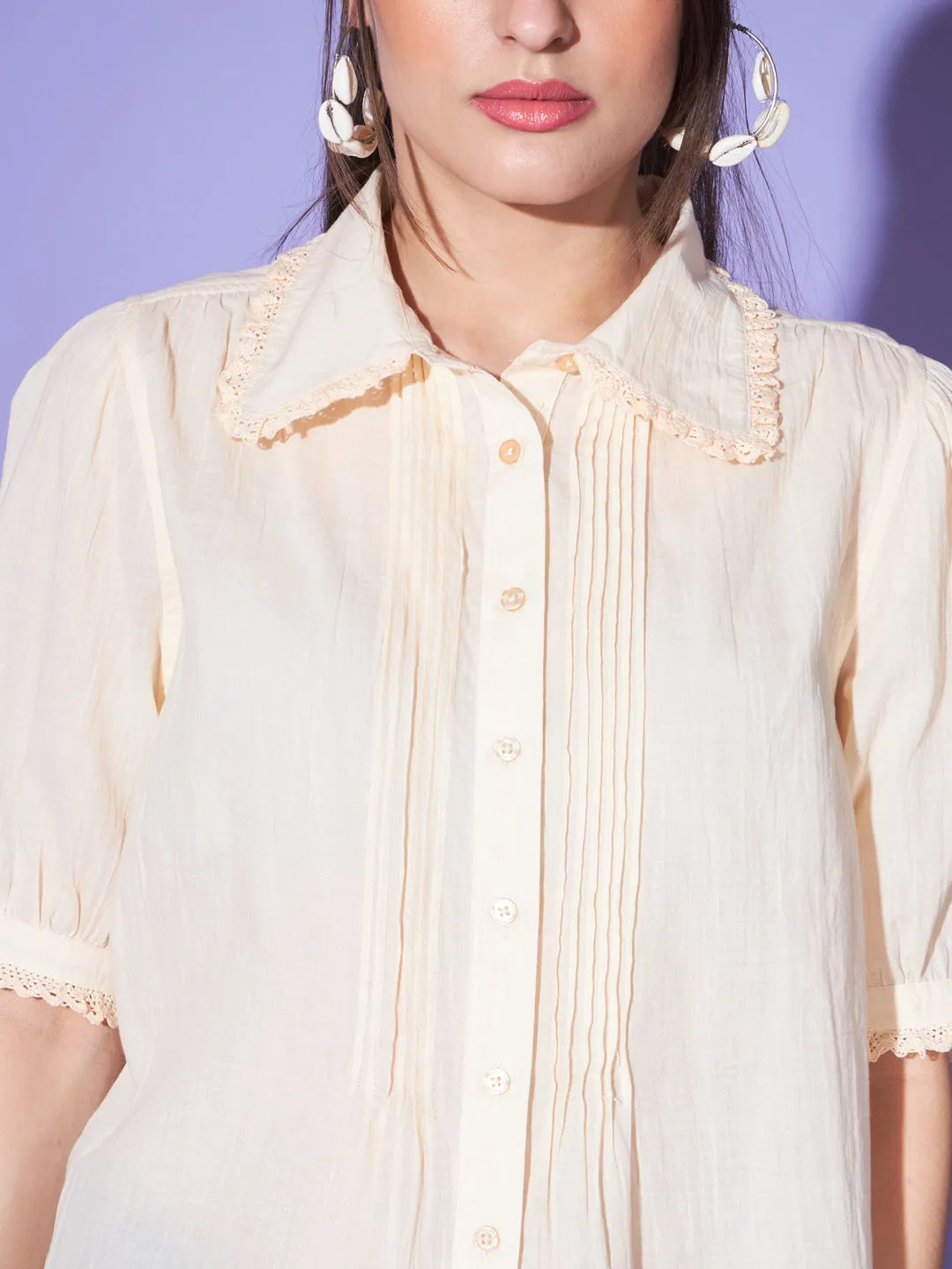 Women Puff Sleeves Cotton Shirt Style Top