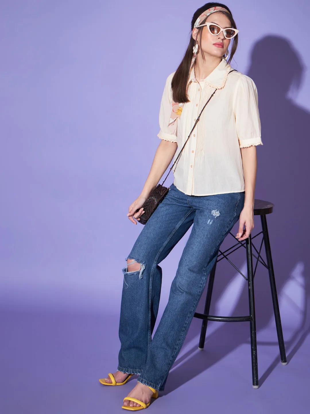 Women Puff Sleeves Cotton Shirt Style Top