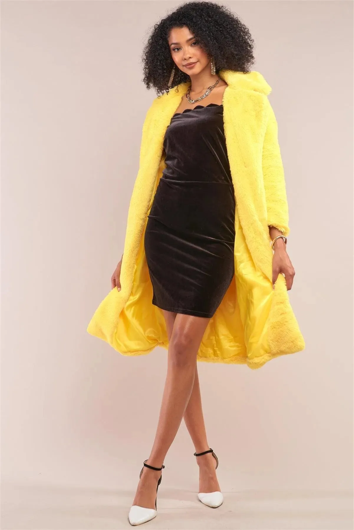 Yellow Long Sleeve Open Front Faux Fur Trench Coat /2-2-2